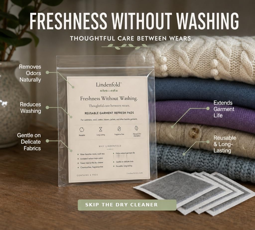 Activated Carbon Garment Refresh Pads, Odor Absorber for Sweaters, Suits, Cashmere & Wool, Reusable Fragrance-Free Fabric Deodorizer, Wash Less Between Wears, Trial Pack of 4