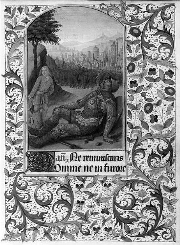 HistoricalFindings Photo: Medieval Illuminated manuscripts: David Slaying Goliath,Bible,Death Allegory