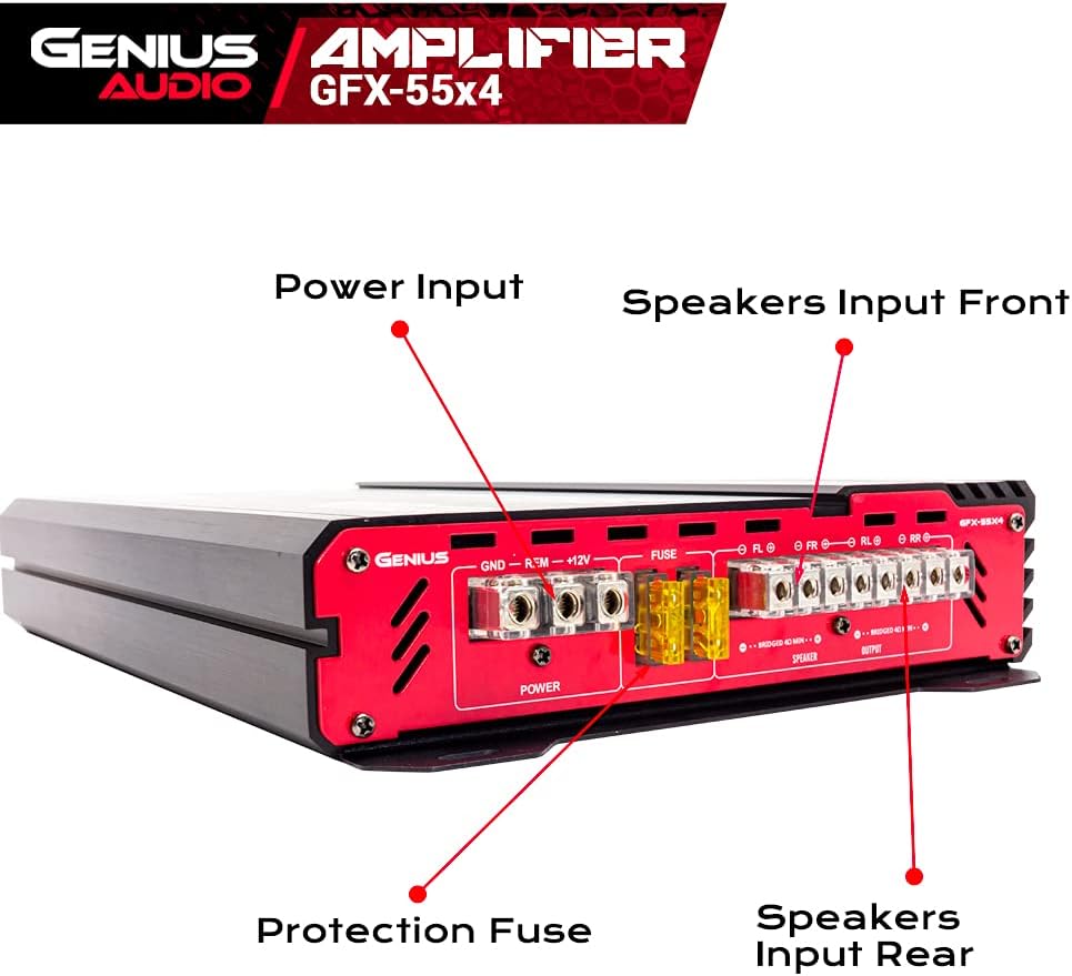 Genius Audio GFX-55X4 Full Range Powered Car Amplifier Multichannel 1200 Watts Max Class AB 2-Ohm Stable with Power Protection System to Boost Speaker and Woofer Performance