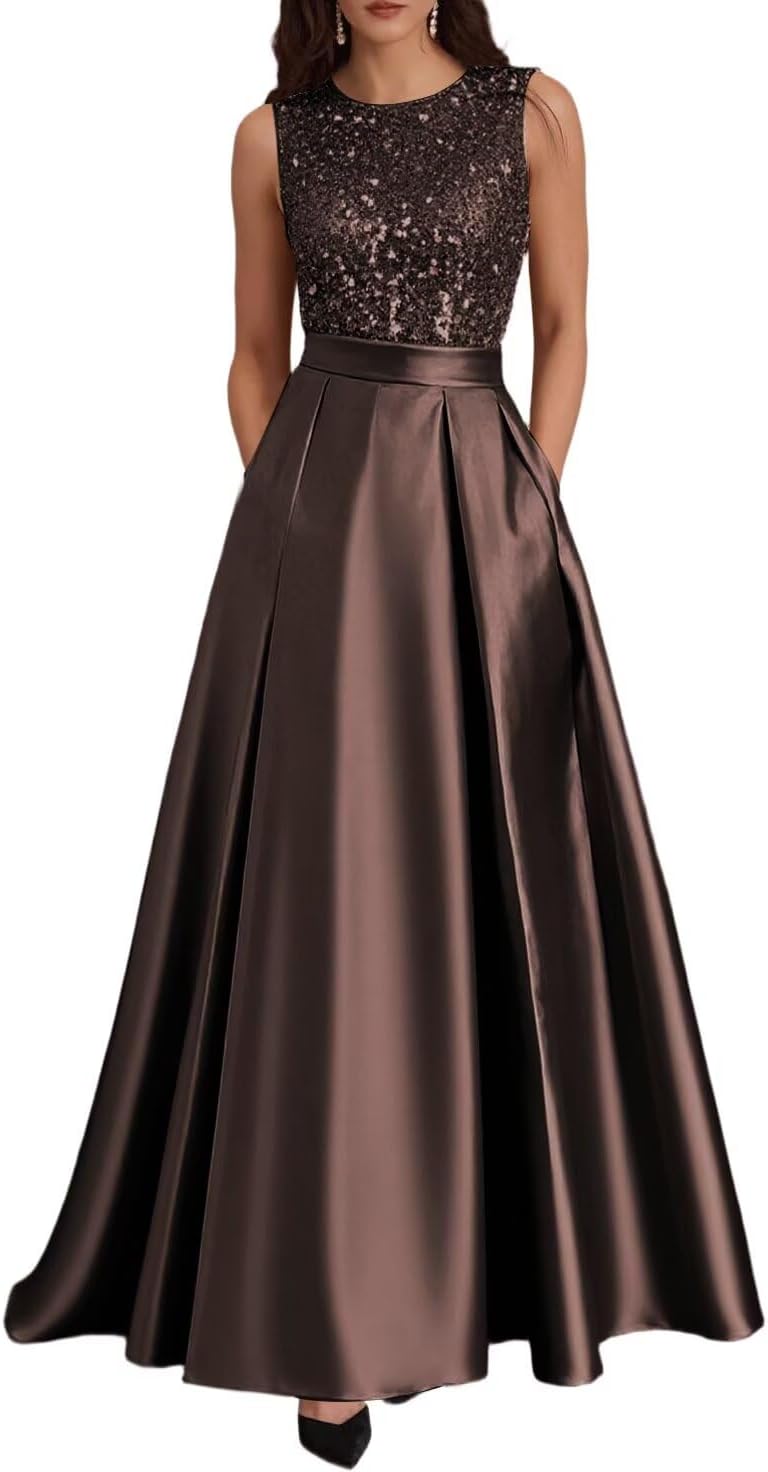 Long Satin Mother of The Bride Dress Scoop Neck Sequin Prom Party Dresses Sleeveless Ball Gown DD-DD051