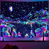 Zussun Blacklight Mountain Tapestry Starry Night Tapestries for Bedroom Aesthetic Moon and Stars Tapastry Wall Hanging Glow in The Dark Nature Forest Wall Tapestry for Living Room Dorm (48'' × 36'')