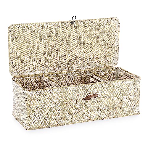 Hipiwe Seagrass Storage Basket Bin 3 Sections Hand-Woven Wicker Baskets with Lid Bathroom Basket Toilet Tank Baskets Holder for Organize Snack Tissue Toilet Paper, Whitewash
