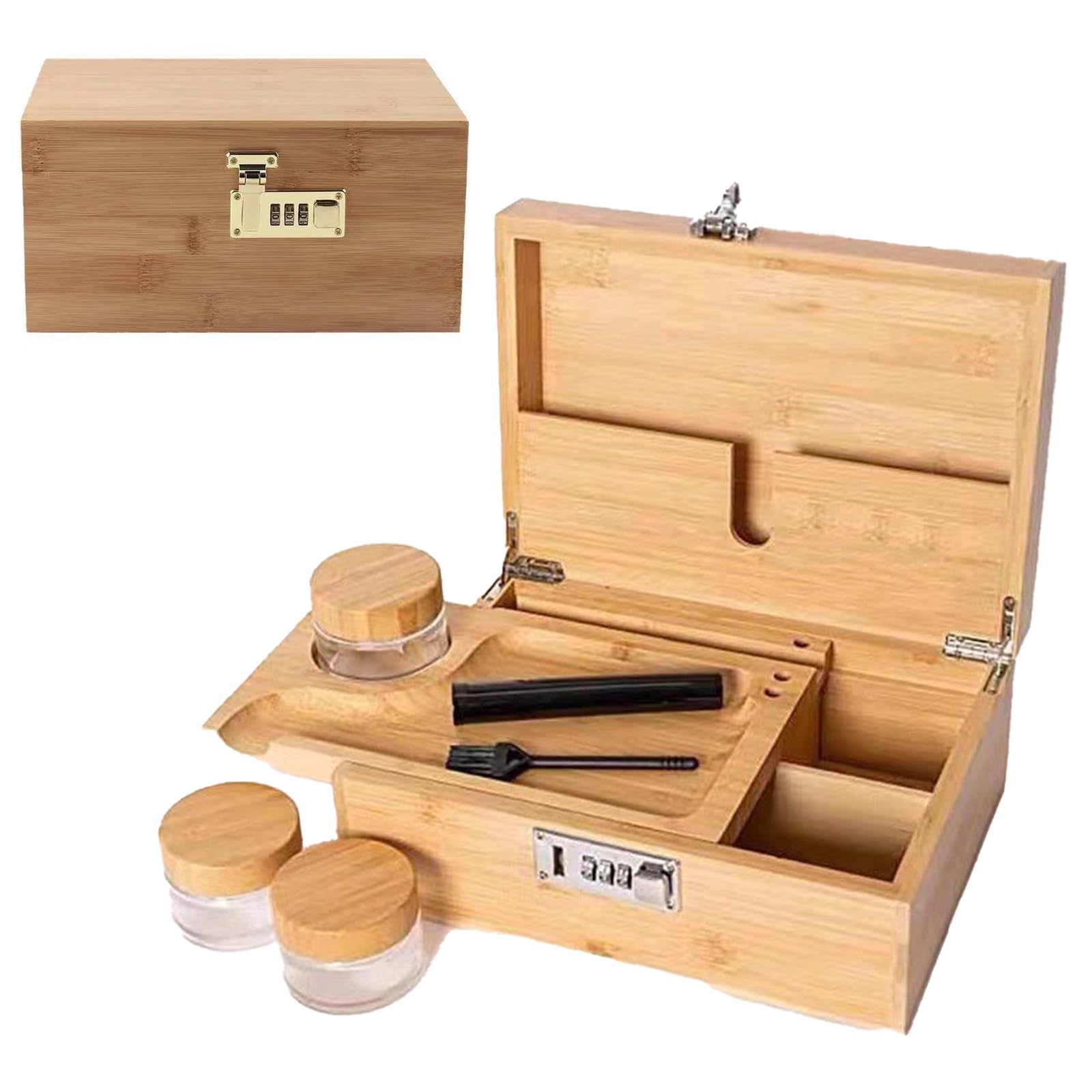 Boîte en Bambou avec Serrure à Combinaison, Coffre Rangement 18L Avec Serrure à Combinaison Rangement En Bois Avec Plateau Amovible Et Coupe En Verre Pour Chambre Bureau Salon 25x17x11cm