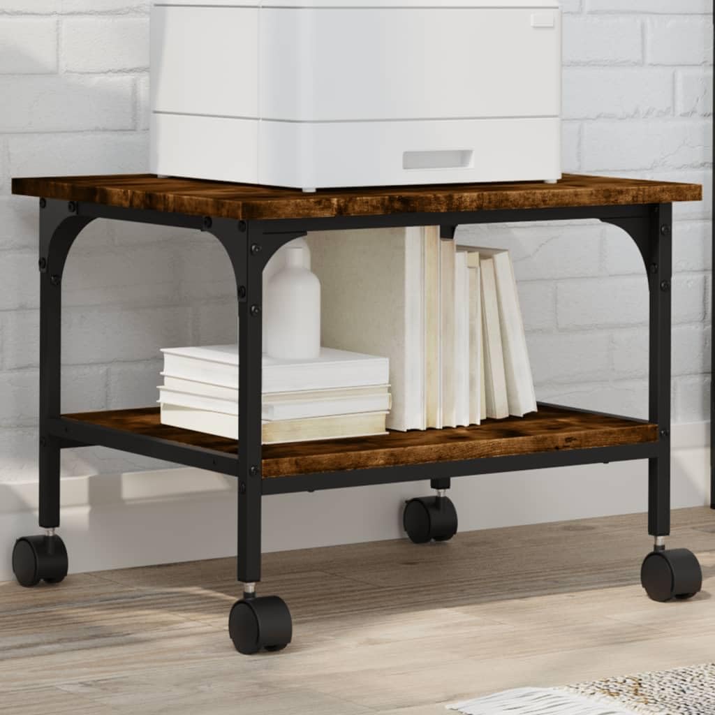 Druckerständer Räuchereiche mit 2 Ablagen 50x40x38 cm Holzwerkstoff und Stahlrahmen, mobiler Druckertisch mit Rollen, Ablagefach für Büroorganisation und Homeoffice Nutzung