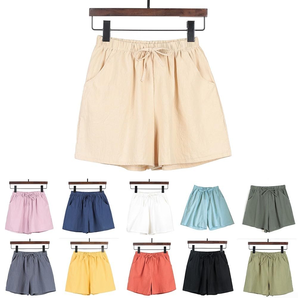 Short de sport en coton et lin pour femme - Taille haute - Style décontracté - Confortable - Pour les loisirs