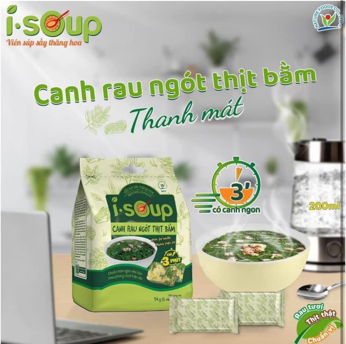Set 3 canh I-Soup Vietnamese Instant Soup Mix Variety Pack, Canh Ngot Thit Bam, Canh Chua chay, Bamboo Mushroom, 3 Flavors