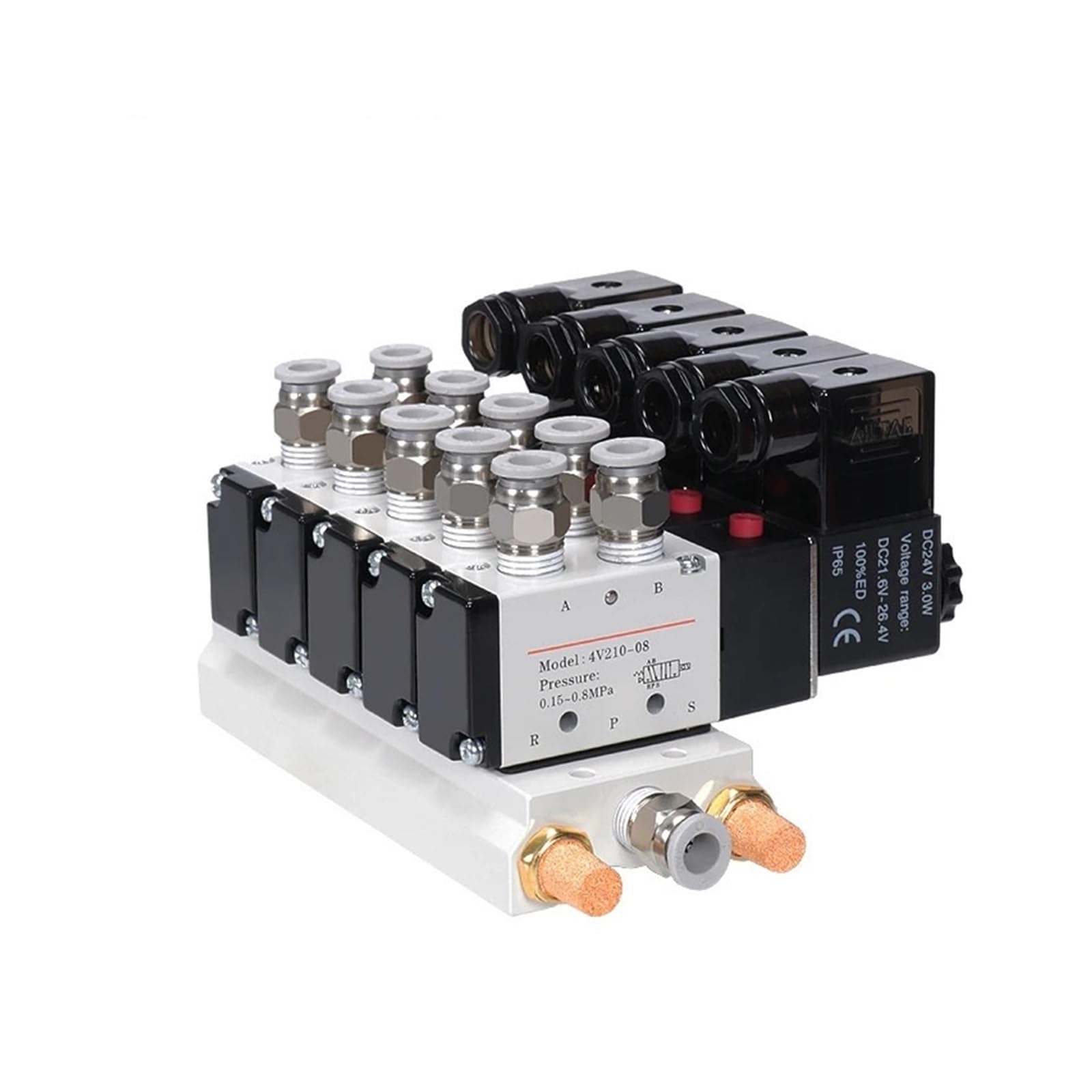 Électrovanne Multi-Voies combinée 4V210-08 DC12V 24V AC220V avec raccords, électrovannes à 5 Ports et 2 Positions(DC12V 8mm Fittings,3 Stations)