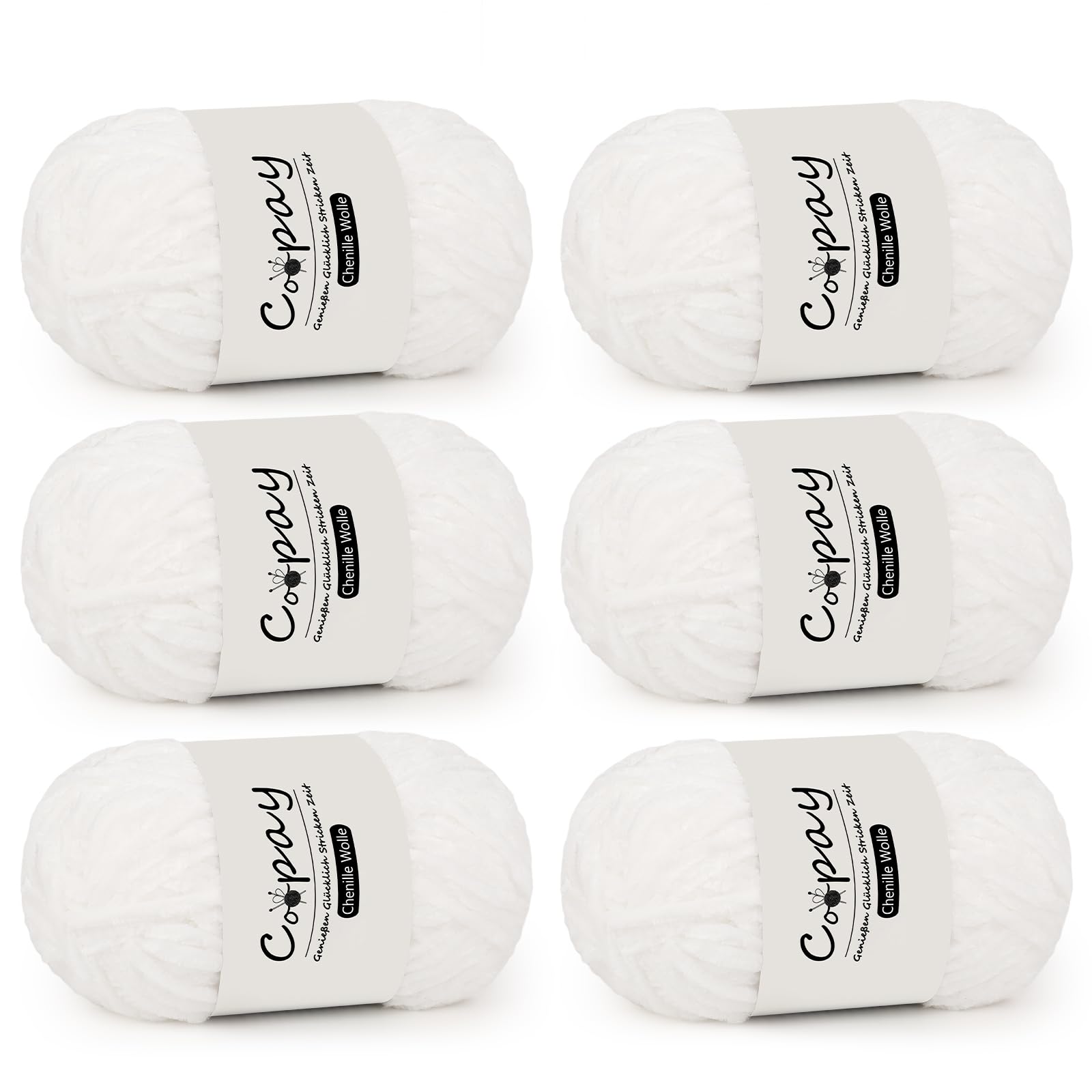 Coopay Chenille Wolle zum Häkeln, 6x100g Weiche Samtig Chenillegarn, Flauschige Dicke Wolle zum Stricken, Warme Plüschwolle Häkelgarn für Decken, Schals, Mützen - Weiß