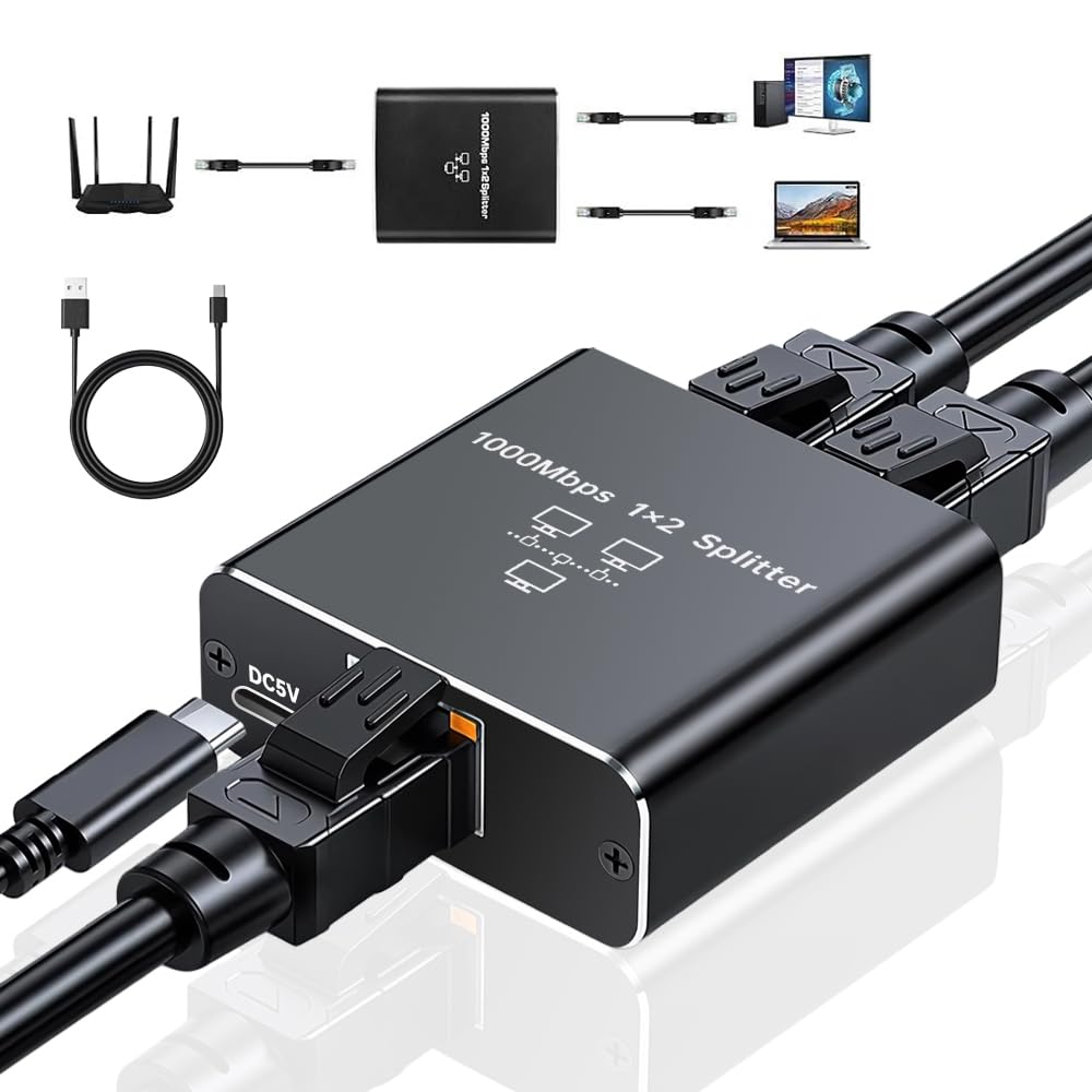 LAN Splitter 1 auf 2 – Gigabit Ethernet Netzwerk-Splitter mit USB-C Stromkabel