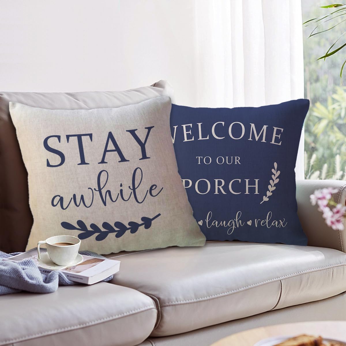ULOVE LOVE YOURSELF Porch Decor Throw Pillow Covers 18x18,2Pack Country Farmhouse Pillowcases Welcome to Our Porch Stay Awhile Front Porch Bench Decor Cushion Covers (Blue) image 5