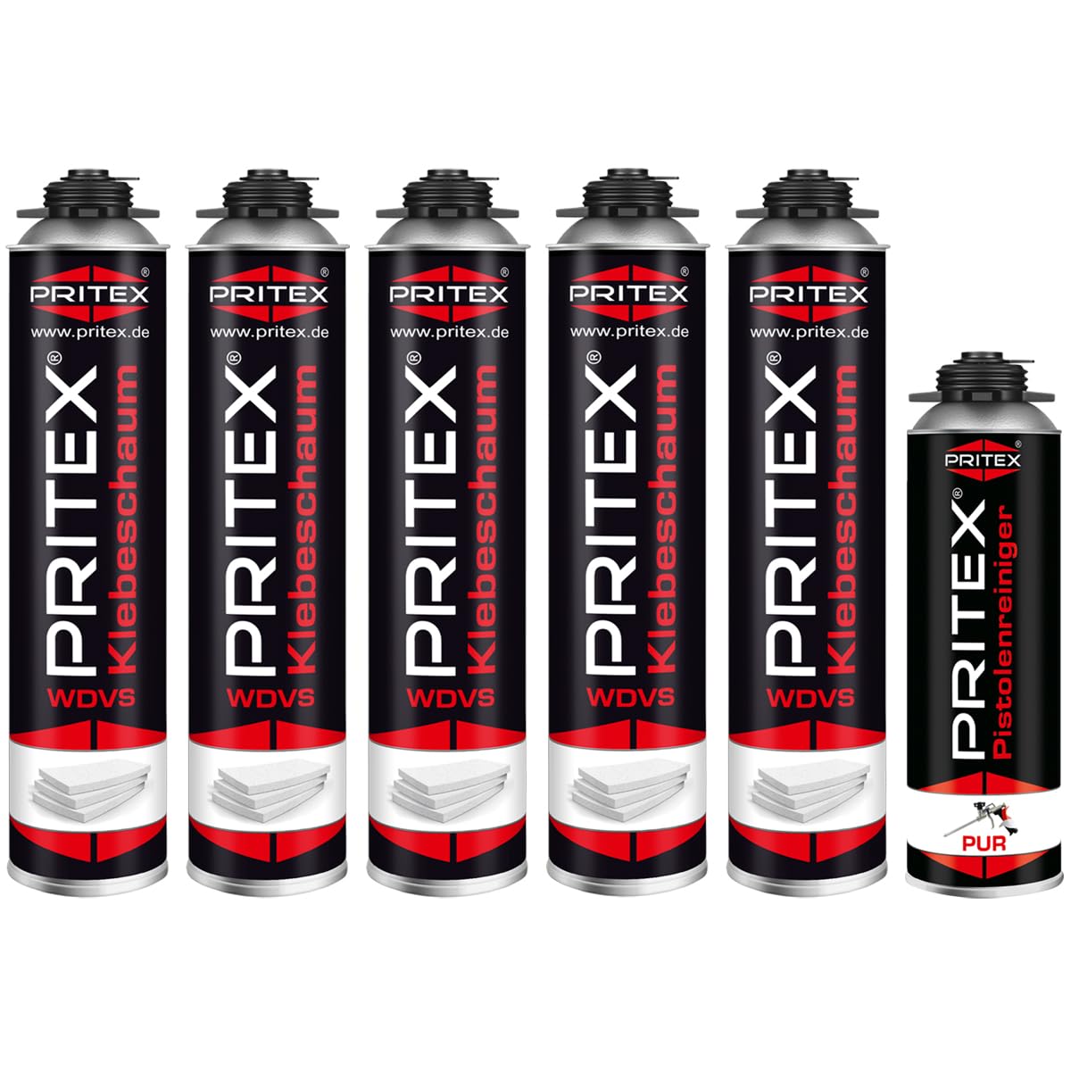 PRITEX WDVS Klebeschaum Set, 5x 750ml Dämmstoffkleber inkl. Reiniger