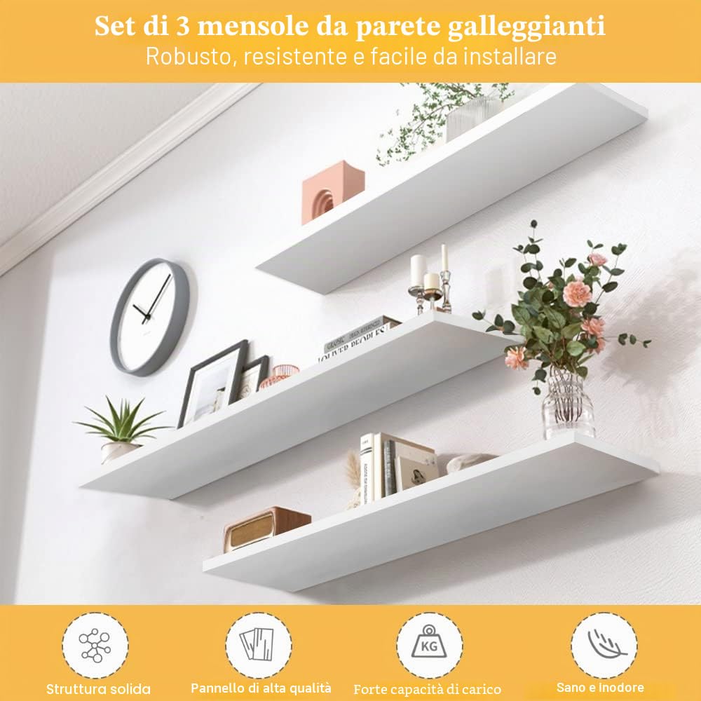 THATSRAD 3 Pezzi Mensole da Parete Scaffale da Parete Mensole a Muro in Legno Bianche 40x15cm Mensola in Legno MDF Scaffale Galleggiante da Pare te per Camera da Letto Soggiorno Cucina Bagno e Ufficio