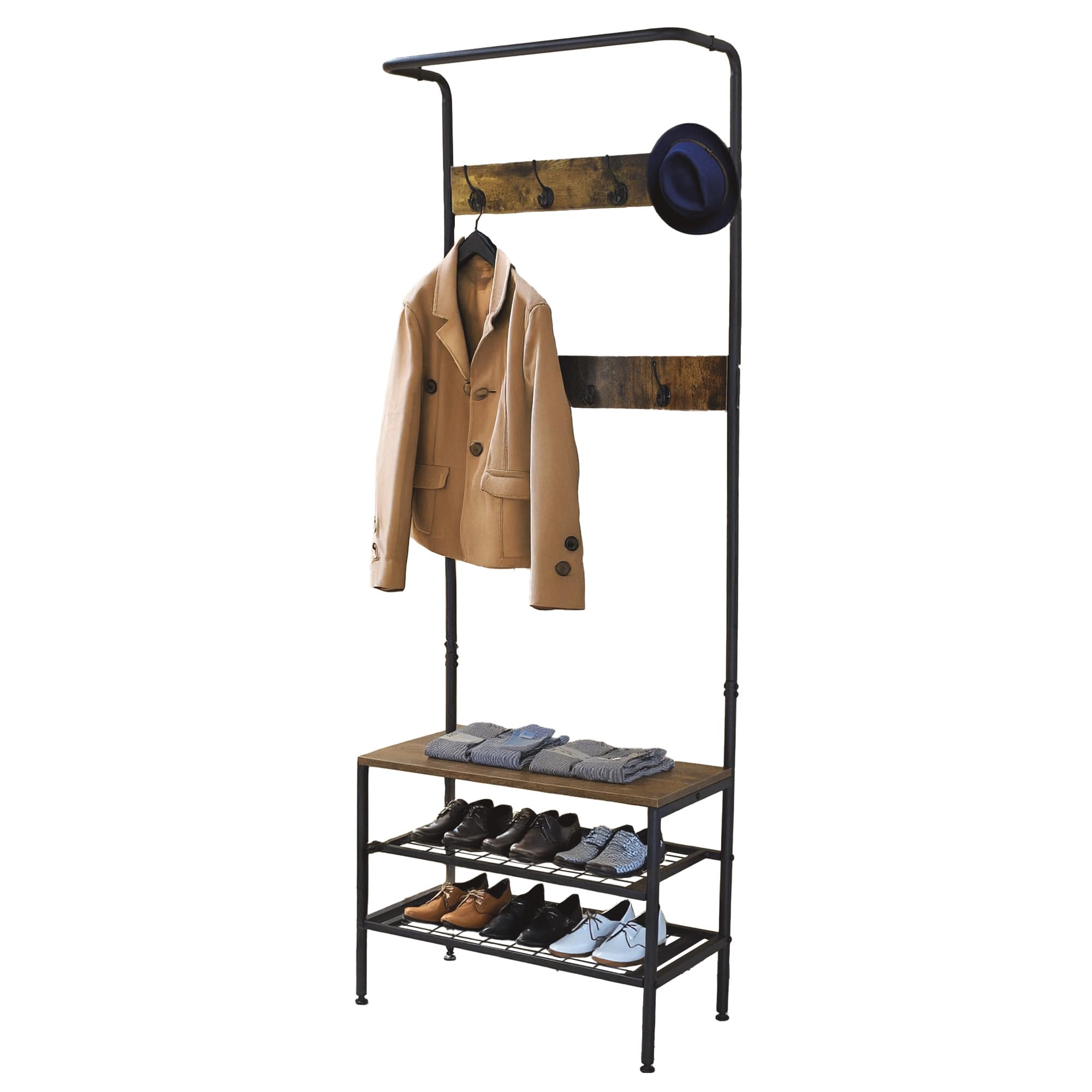 Amig - Perchero de pie con Zapatero Lukïen - Mueble recibidor con banco de Estilo Industrial - 183x66x32,5 cm - Metal y Madera - Color negro y marrón - Burro para pasillo o entrada de Estilo rústico