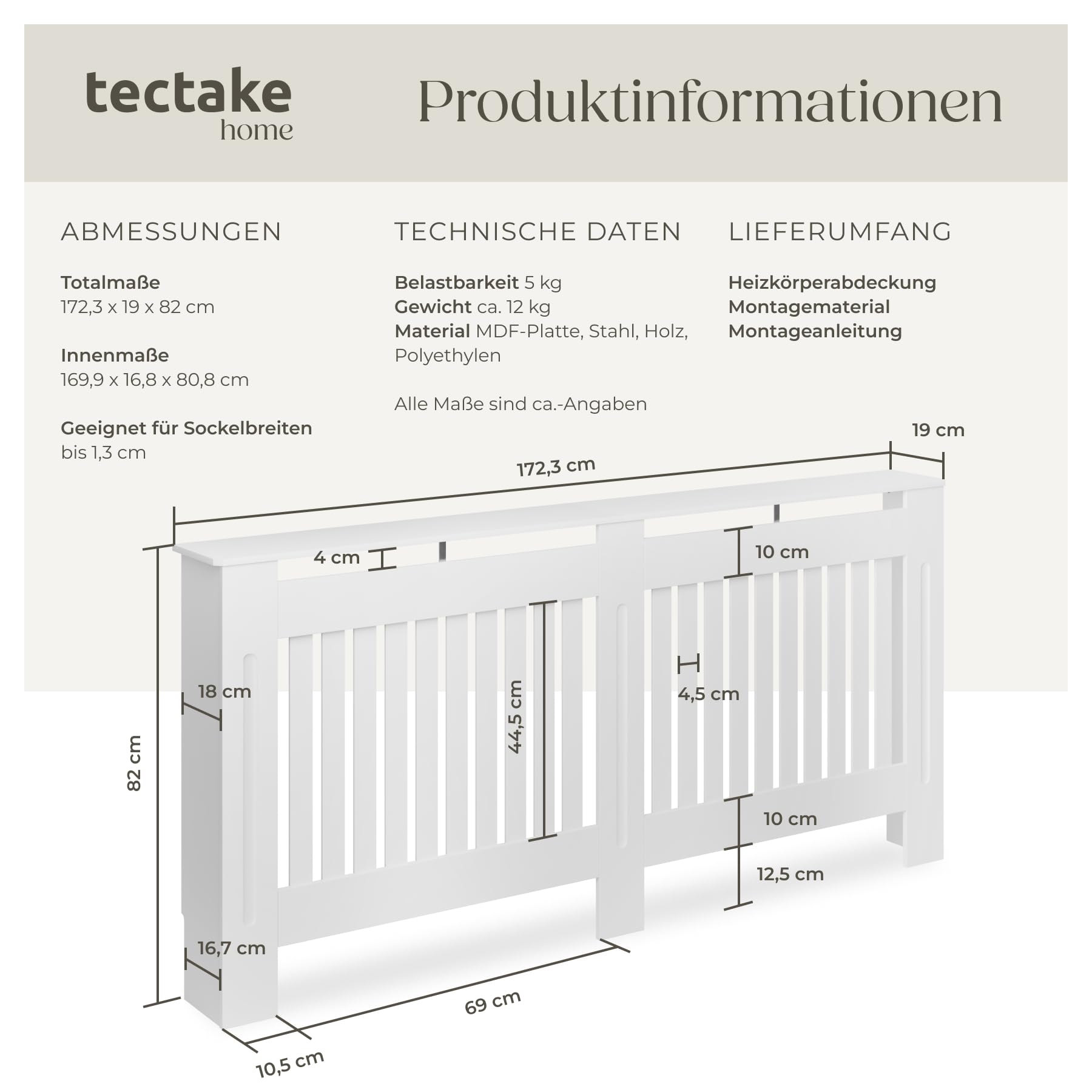 tectake® Heizkörperverkleidung, Holzverkleidung MDF, Heizungsverkleidung weiß mit Lamellen, Heizkörperabdeckung, Heizungsabdeckung, Verkleidung für Heizkörper, skandinavisch - 172,3 x 19 x 82 cm