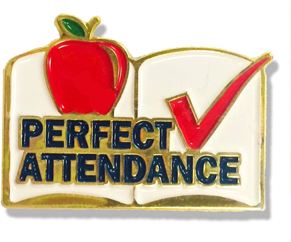 SHOP AWARDS AND GIFTS Perfect Attendance Enamel Lapel Pins for Students Appreciation Reward School Teacher, Bulk Pack of 12, Poly Bagged, 1 x 3/4 Inch