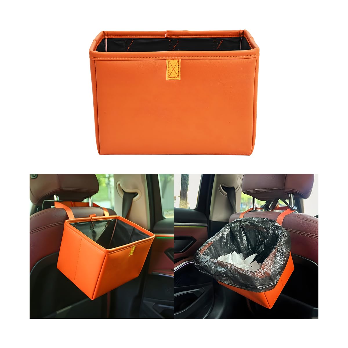 Norkmdi - Cubo de basura plegable de cuero para coche, gran capacidad, organizador de basura colgante para vehículo, impermeable, bolsa de almacenamiento interior para coche, accesorios universales para SUV, sedán, camión, color naranja