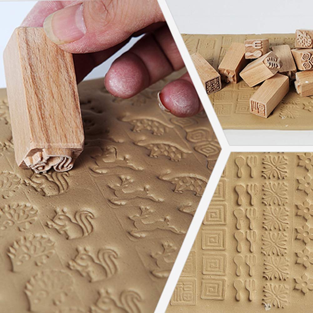 Tampons en hêtre sculptés à la main, 16 pièces, blocs d'impression de poterie en argile en bois de qualité supérieure, outils d'artisanat pour projets artistiques de bricolage,