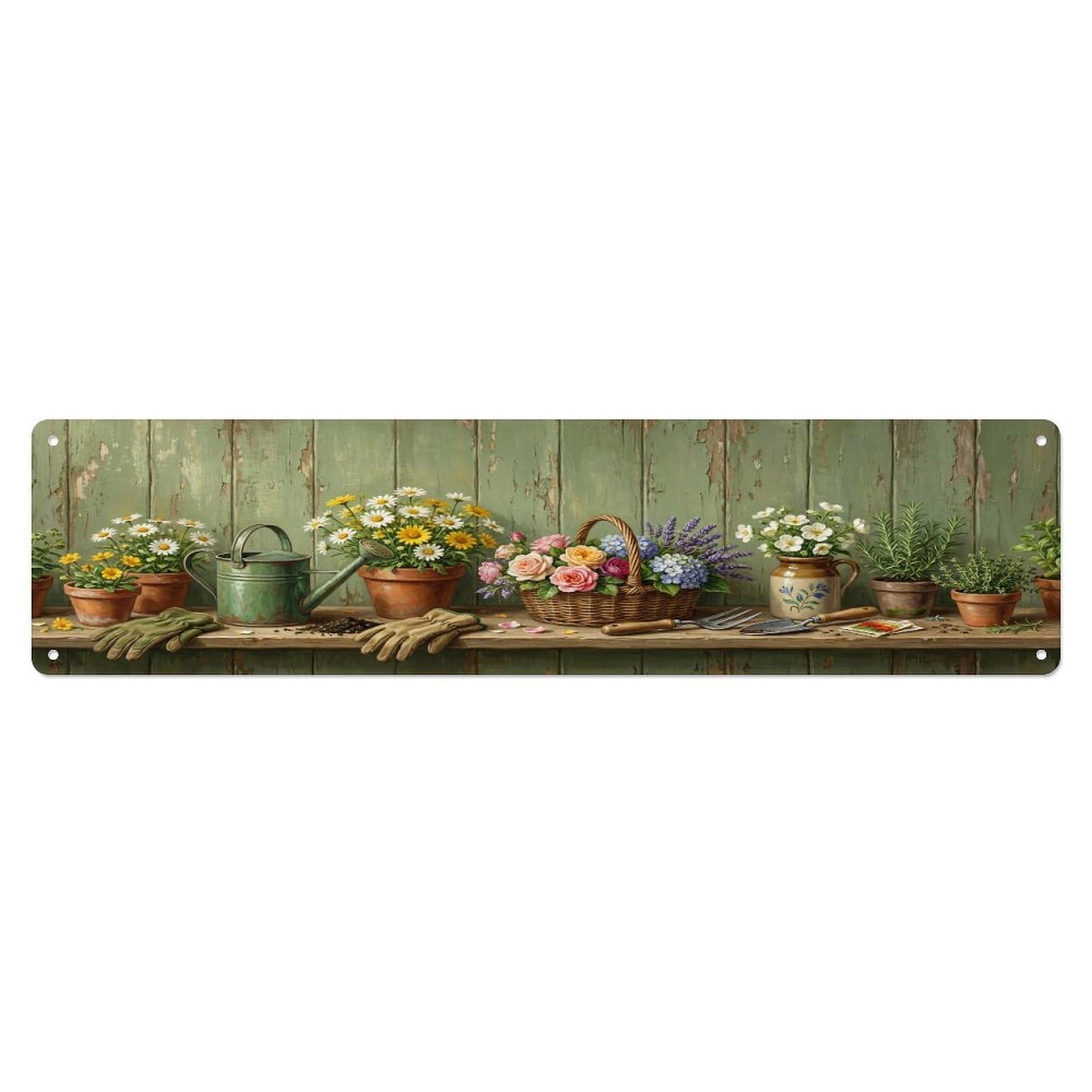 Floral Garden Tools Gardening Glove Pattern Print Metal Tin Sign