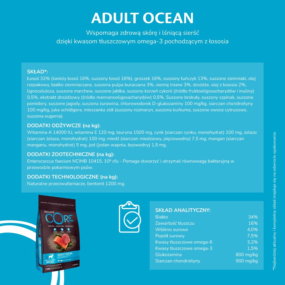 Wellness CORE Ocean 10 kg, Łosoś i Tuńczyk – Sucha Karma dla Psów Średnich i Dużych Ras, Bezzbożowa, Naturalna, Hipoalergiczna, o Wysokiej Zawartości Ryb, Wspiera Zdrową Skórę i Lśniącą Sierść