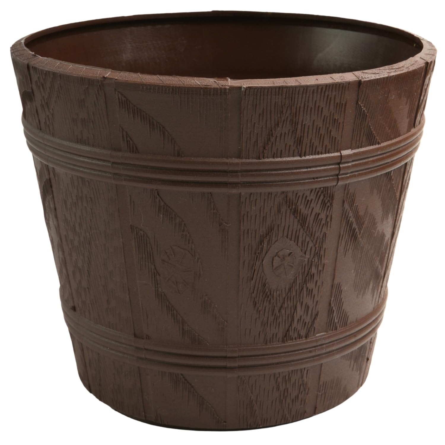 B2C Barrel Planter Flower Pot Wood Effect Plastic Round Indoor Outdoor Garden Tub 18L (D34Cm H28.5Cm) Brown from B&Q