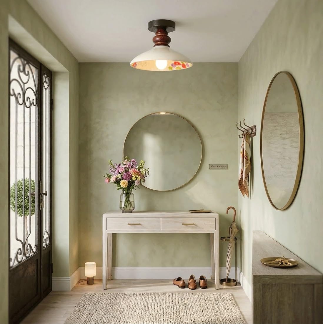 Ceramiczna Sufitowa, Z Drewna Kauczukowego Montowana Na Płasko, Porcelanowa Oprawa W Stylu Mid-Century Modern Z Kwiatowym Wzorem, Wystrój Retro Do Przedpokoju, Balkonu, Szafy, Korytarza, Domu
