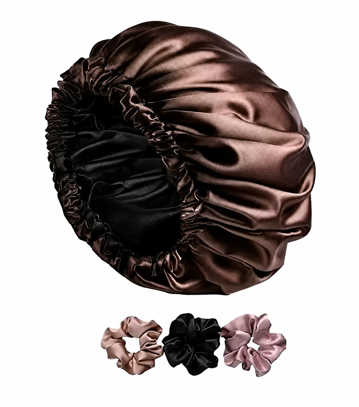 Satin Sleep Bonnet with 3 Scrunchies, Double Layer, Brown | Protection, Large Size, Includes Scrunchies-image-9