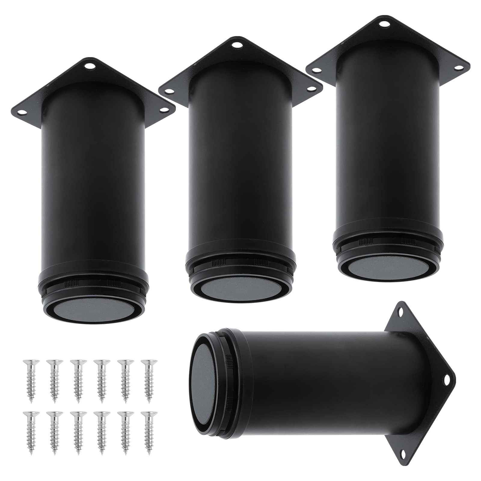 Harskiyer Pack of 4 Black Adjustable Furniture Leg, 6" / 150mm Stainless Steel Round Adjustable Feet for Furniture Sofa Table Cabinets Shelves with Screws