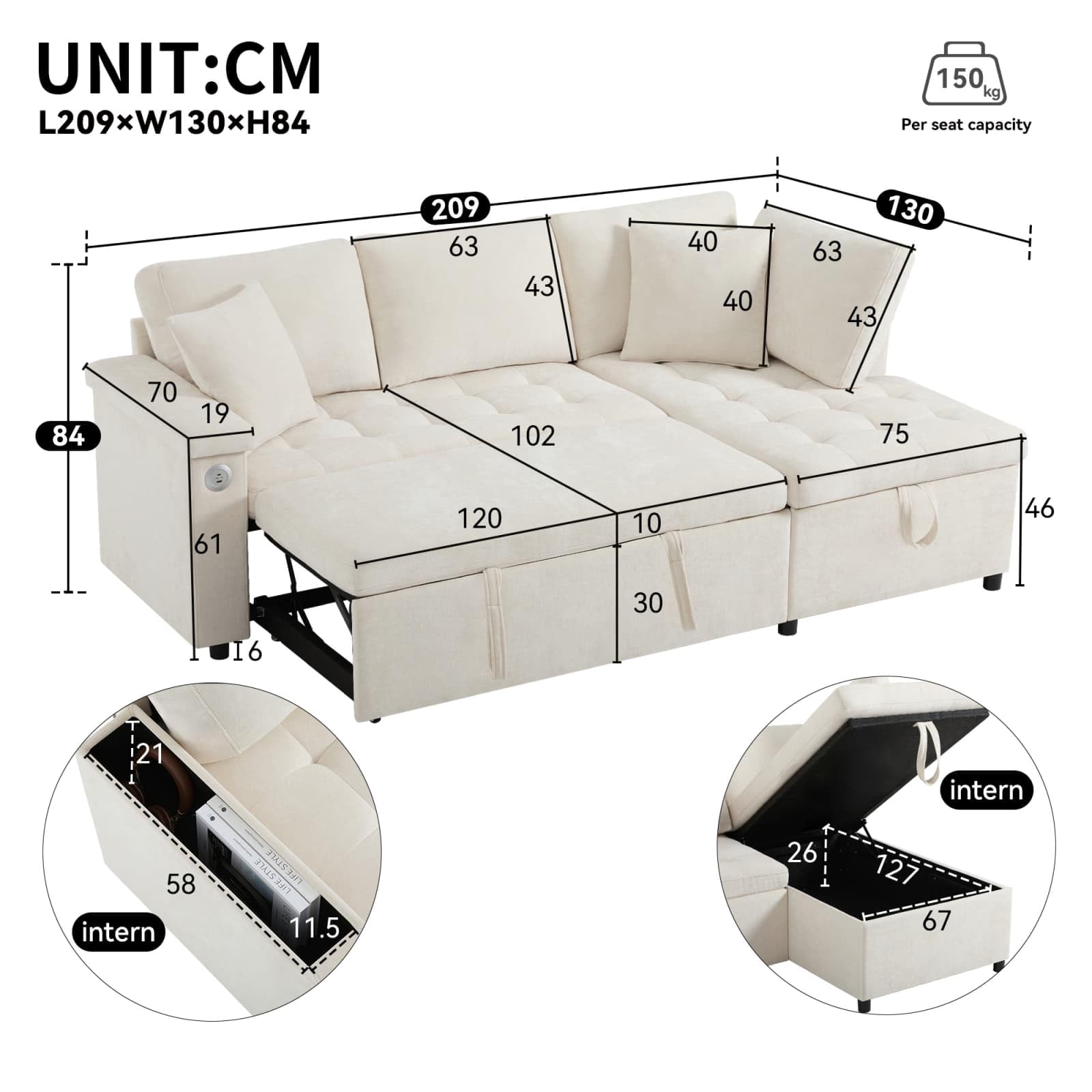 KOMHTOM Canapé Convertible en L avec Espace de Rangement, Canapé-lit avec Port USB, Compartiments de Rangement dans Les Accoudoirs et 2 Oreillers (Beige)