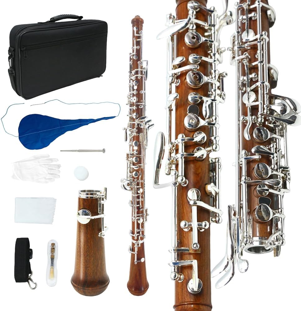 Yinfente Professional Oboe Silver Plated Rosewood C Key Left F Resonance Semi-Automatic Woodwind Instrument With Oboe Reed&Gloves&Leather Case+ Carry Bag&Cleaning Cloth&Cap Cork&Grease&Screwdriver