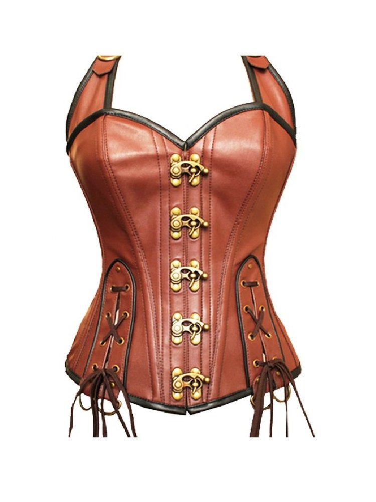 Sexy Brown Real Leather Lacing Design Steampunk Bustier Overbust Corset Costume
