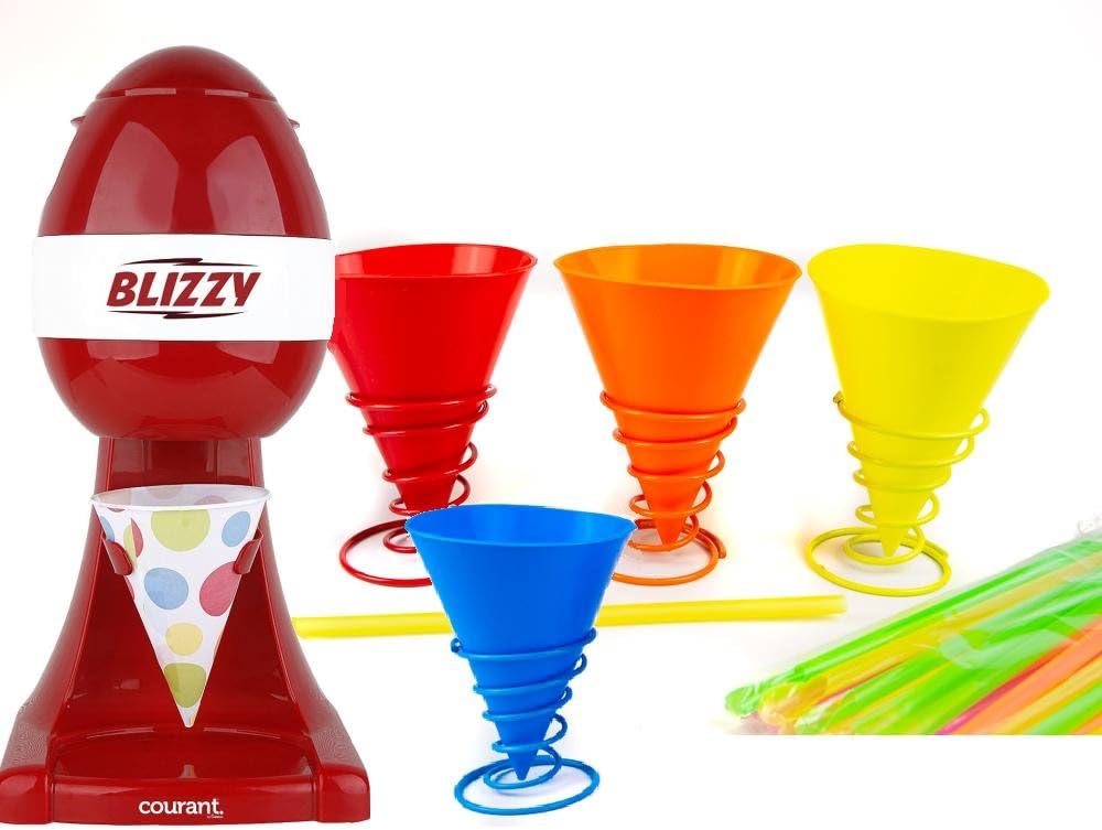 BLIZZY Snow Cone Maker Set With (4) Reusable Silicone Cups and Holders| Includes Ice Shaver, Paper AND Silicone Cups, and Straws
