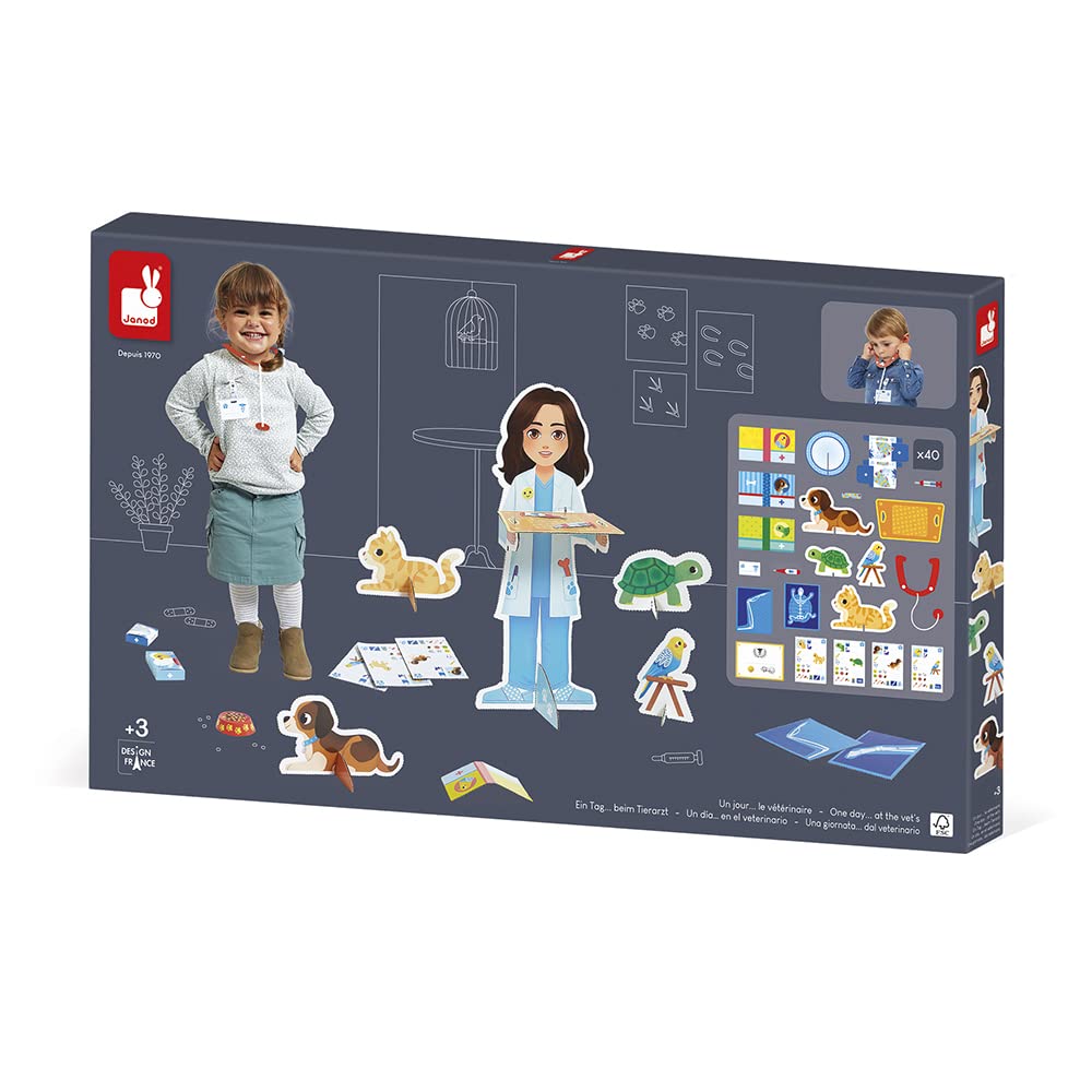 Janod - Un Jour… Le Vétérinaire - Jouet d'Imitation Métier - 40 Accessoires - Grands Personnages 65 cm - Développe l'imagination - Certifié FSC - Dès 3 Ans - J06622