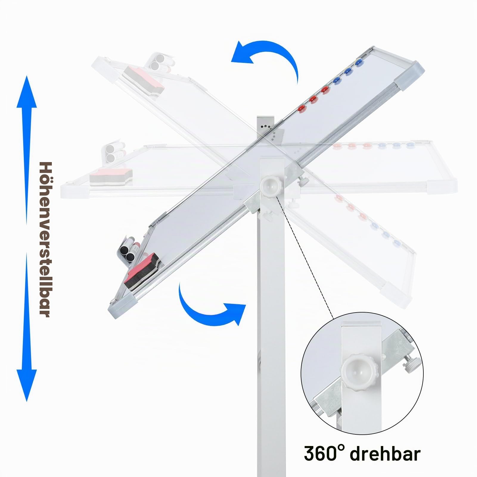 Doppelseitiges mobiles Whiteboard mit Ständer, Roll-Whiteboard mit Rollen, magnetisches, trocken abwischbares Whiteboard für Klassenzimmer, Büro, mit 5 Markern, 12 magnetischen Nägeln und 1