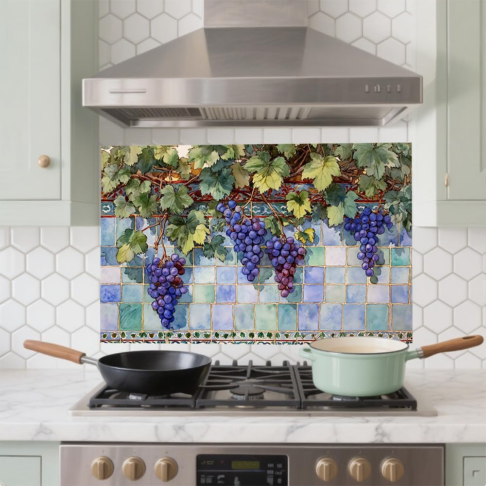 Kitchen Backsplash Wallpaper Peel and Stick Backsplash Oil Proof Sticker Grape Tile Stove Wall Decor 35.4 x 23.6 Inch