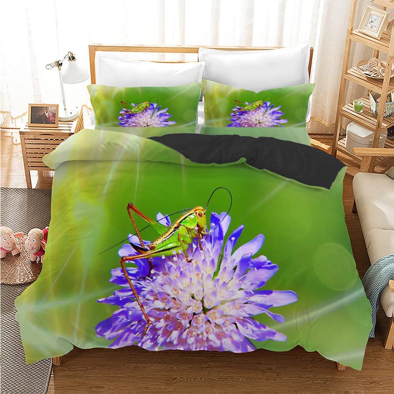 Housse de couette 160x200 microfibra avec 2 taies d'oreiller motif fleur et insecte