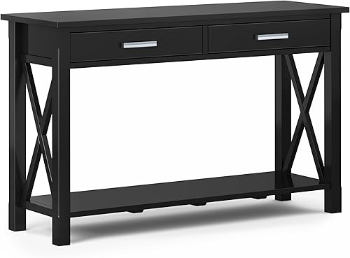 SIMPLIHOME Kitchener - Mesa de sofá contemporánea de madera maciza de 47 pulgadas de ancho en negro con almacenamiento, 2 cajones y 1 estante, para
