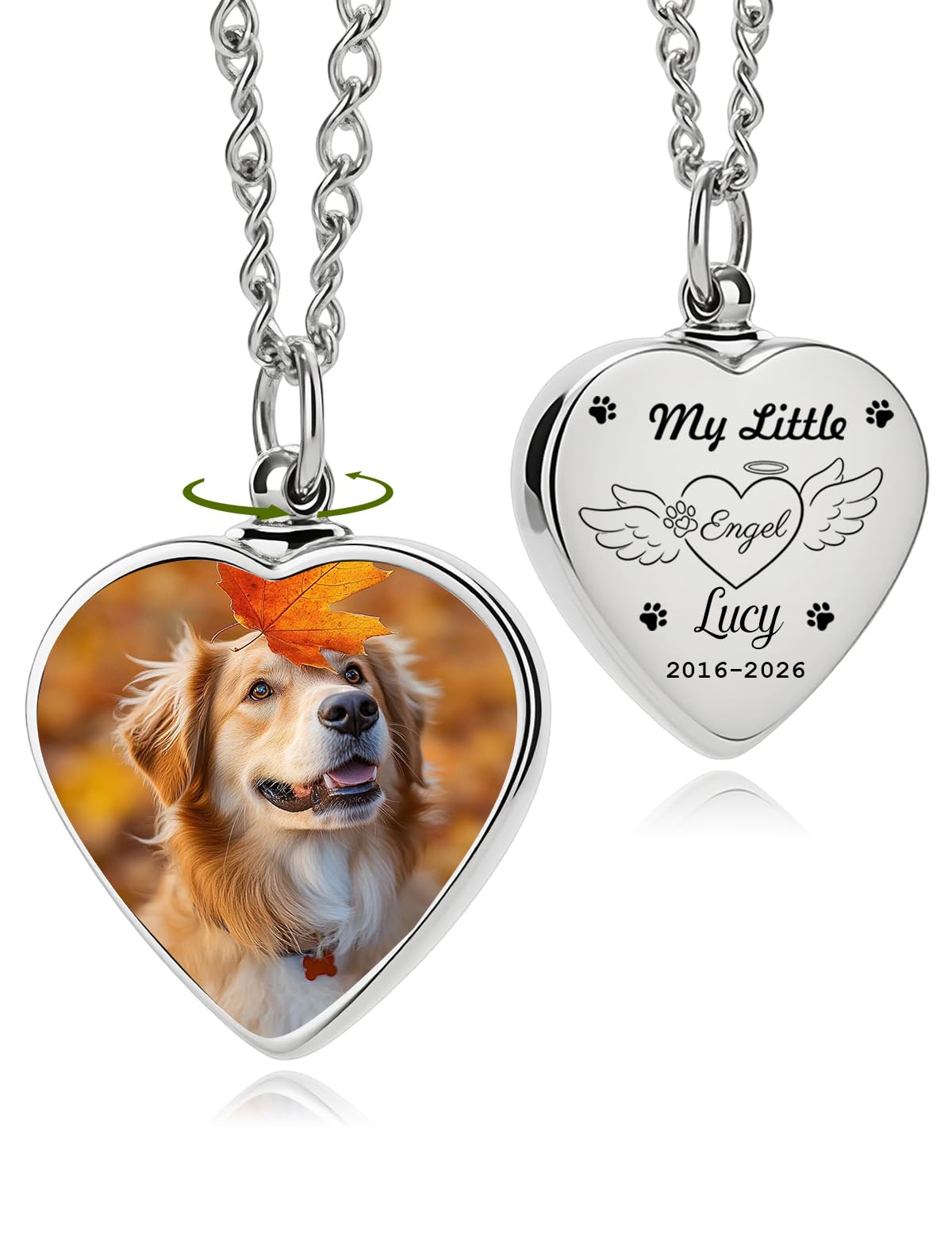 Iwe Personalised Ashes Necklace, Heart Urn Necklace for Ashes, Pet Memorial Jewellery with Photo & Name, Keepsake for Dog Cat (Silver Colour)