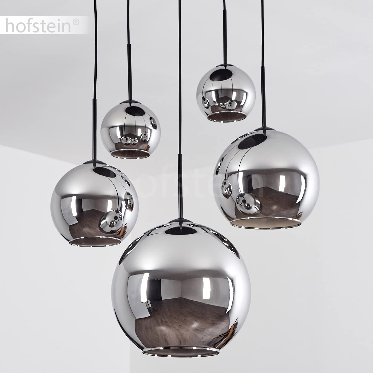 HOFSTEIN Hängeleuchte Koyoto, 5-flammige Hängelampe aus Metall/Glas in Schwarz/Chrom-/Rauchfarben, Pendelleuchte im Retro/Vintage-Design, Ø Schirme 15; 20; 25; 30 cm, E27, Esszimmer, Küche, Wohnzimmer