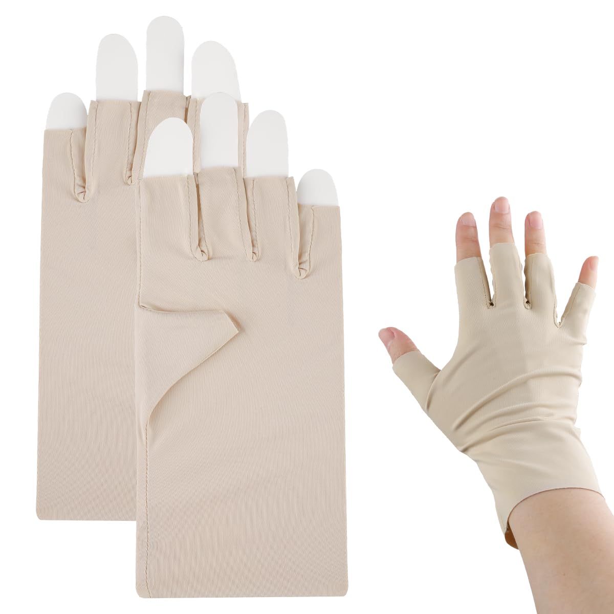 Lotsdonxia 2Pcs Cooling UV Protection Gloves, Fingerless Sunblock Mittens for Driving, Cycling & Gel Nails, Non-Slip Ice Silk Women’s Gloves – Beige