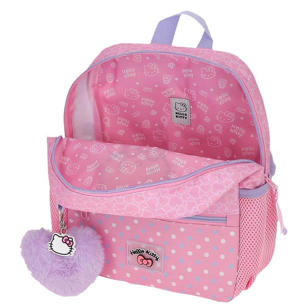 Sac à dos d'école Hello Kitty Hearts & Dots, sac à dos rose pour enfant, en polyester, compartiment principal avec poche intérieure, bretelles larges, ergonomiques et rembourrées.