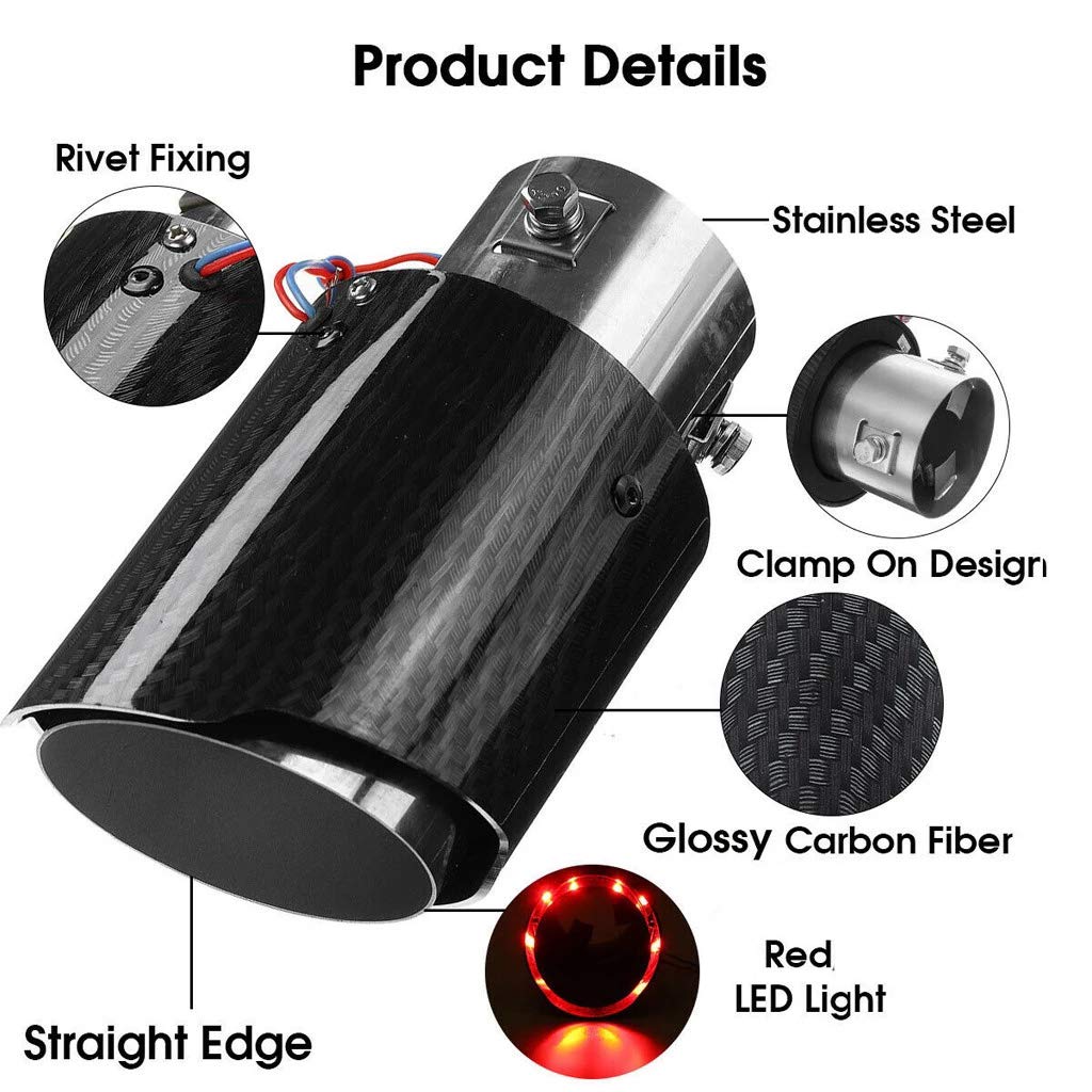 Vechkom 2.5inch Exhaust Tipwith Red LED Light Carbon Fiber Car Exhaust Muffler Tip with Red LED Light Stainless Steel Muffler Car Exhaust Tip Modification Luminous Tube