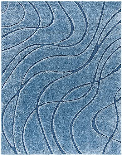 Image of Geometric Wave Shaggy Carpet for Living Room, Bedroom, High Low Design Finish Microfiber 1.8 Inch Pile High, 6x9 Feet Royal Blue|Blue Color