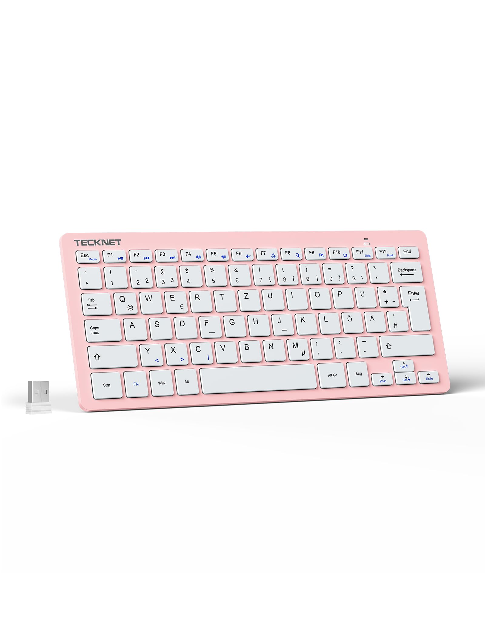 TECKNET Slim Kabellose Tastatur, Deutsches Layout, 78 Tasten Mini Wireless Tastatur mit Nano USB Empfänger für Windows/Chrome OS Smart TV - Rosa