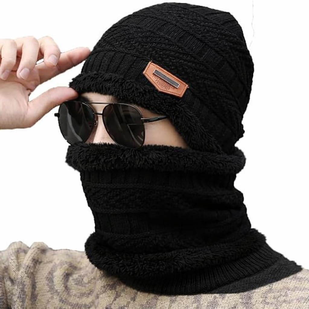 Black Winter Beanie Cap & Muffler for Men & Women | Winter Cap | Woolen Topaa | Head & Neck Warmer (1 Set)-image-44
