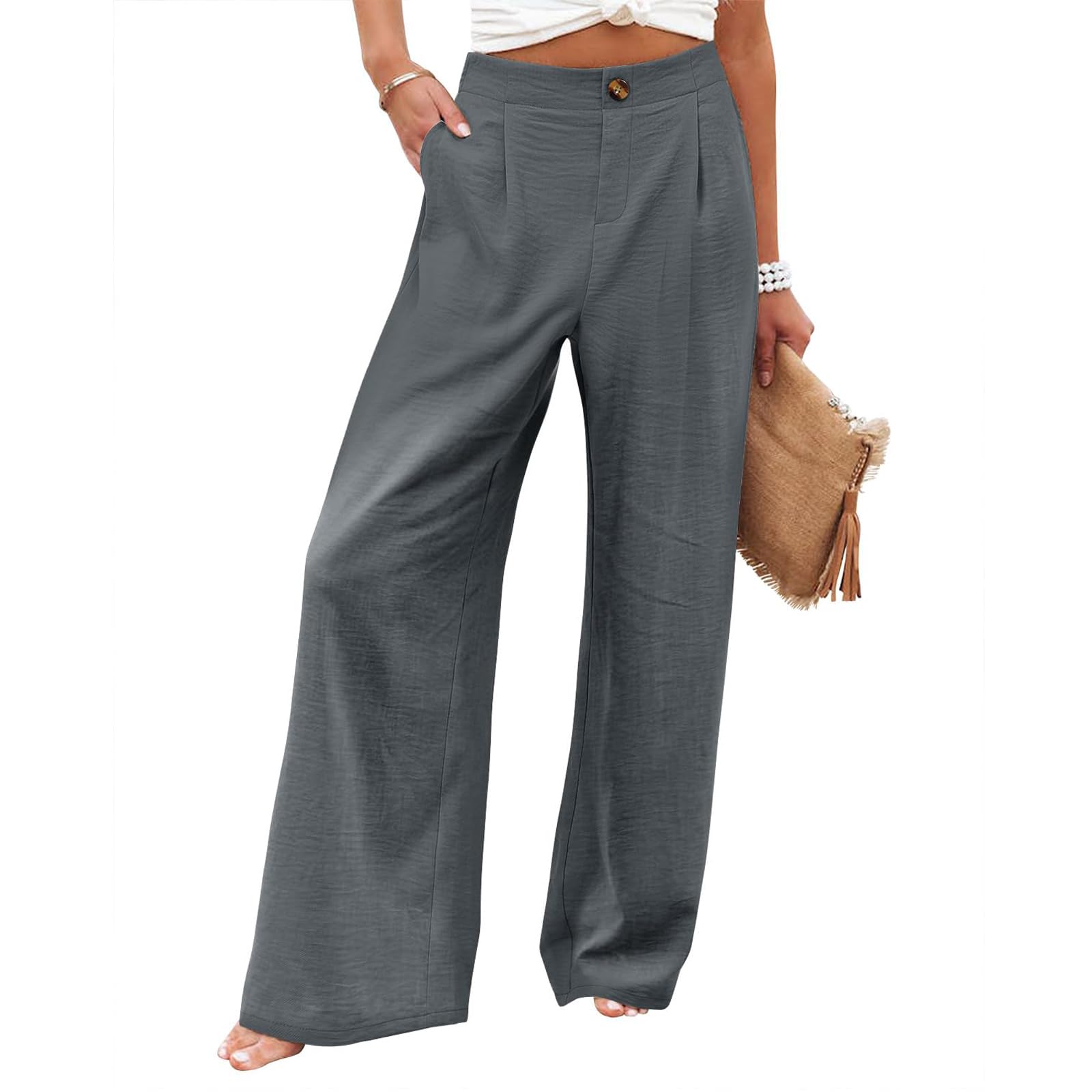 eoeioa Wide Leg Pants for Women Dressy Button High Waisted Business Pants Summer Casual Work Beach Pants Trousers