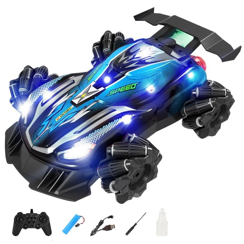 Ttrzlrb Coche teledirigido con Control Manual, Coche acrobático RC 4WD, Coche de Carreras con rotación de 360°, luz, música y Spray, Coche Todoterreno de 2,4 GHz(Blue)