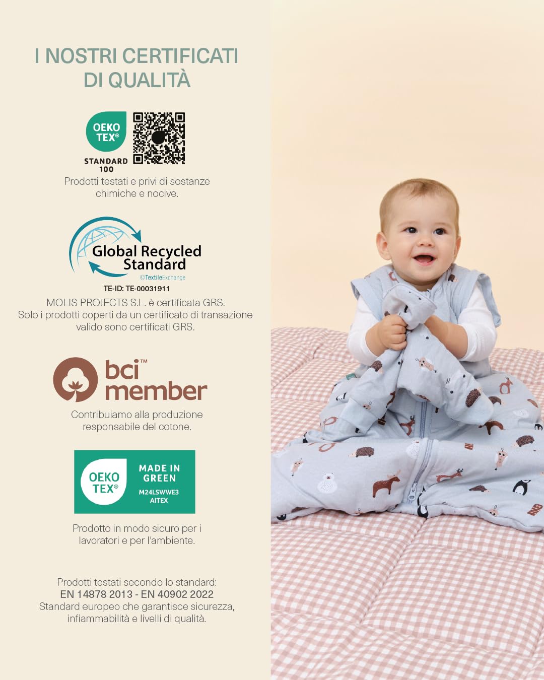molis&co - Sacco nanna maniche staccabili per Neonati e Bambini - Sacchi Nanna 2.5 tog - 100% Cotone (Oeko-TEX 100) - Winter Animals (12 a 18 mesi)