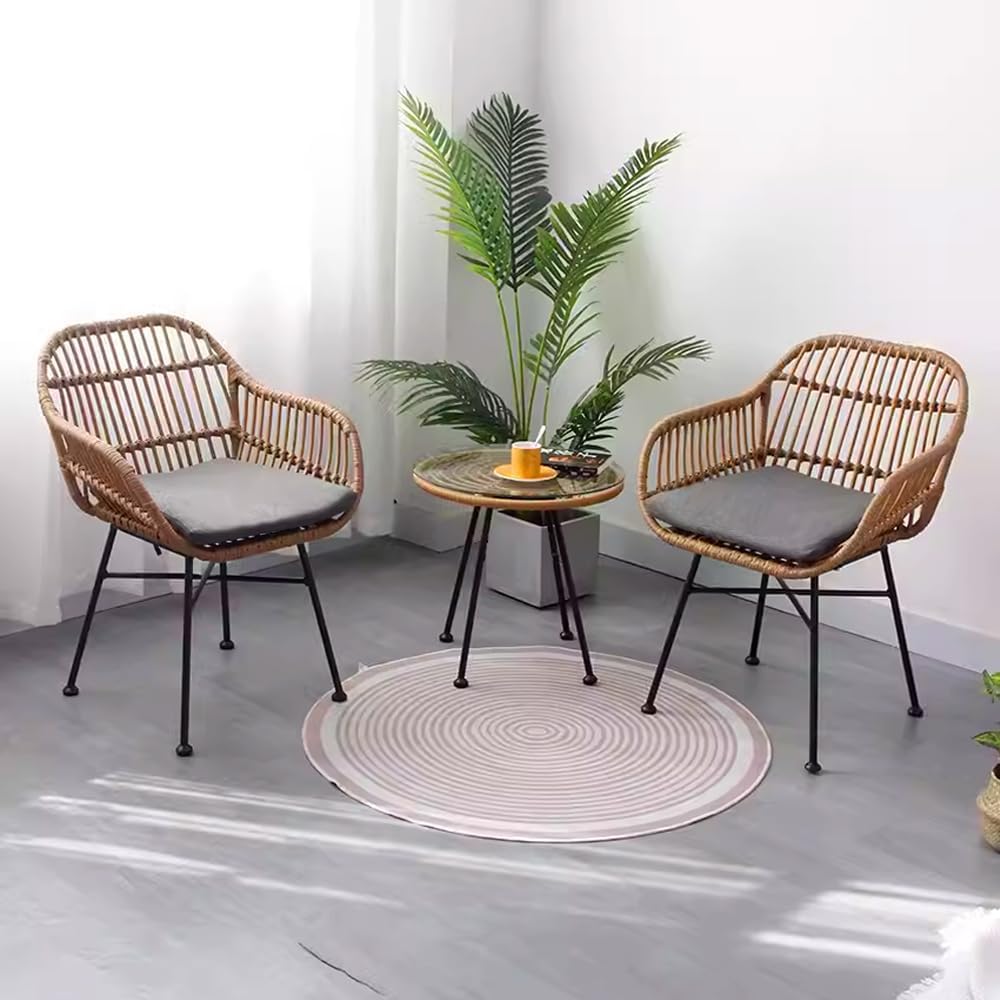 – LANNY Set of 3 Pieces Patio Chairs Bundle with Glass Table Outdoor Wicker Bistro Set Modern Porch Lawn Chairs with Coffee Table for Home and Balcony GT01