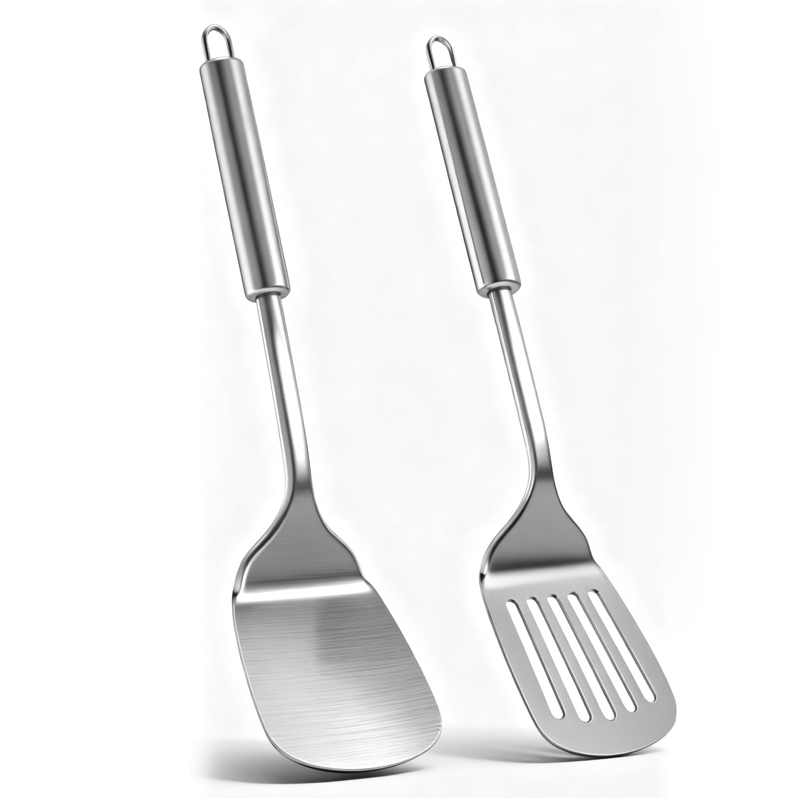 2 Pcs Espatula Cocina Acero Inoxidable, Juego de Utensilios Cocina, Paleta Cocina Resistente y Duradero, Espátula Ranurada Plateada, Lengua Sólida, Aptas para Lavavajillas, Fáciles Limpiar