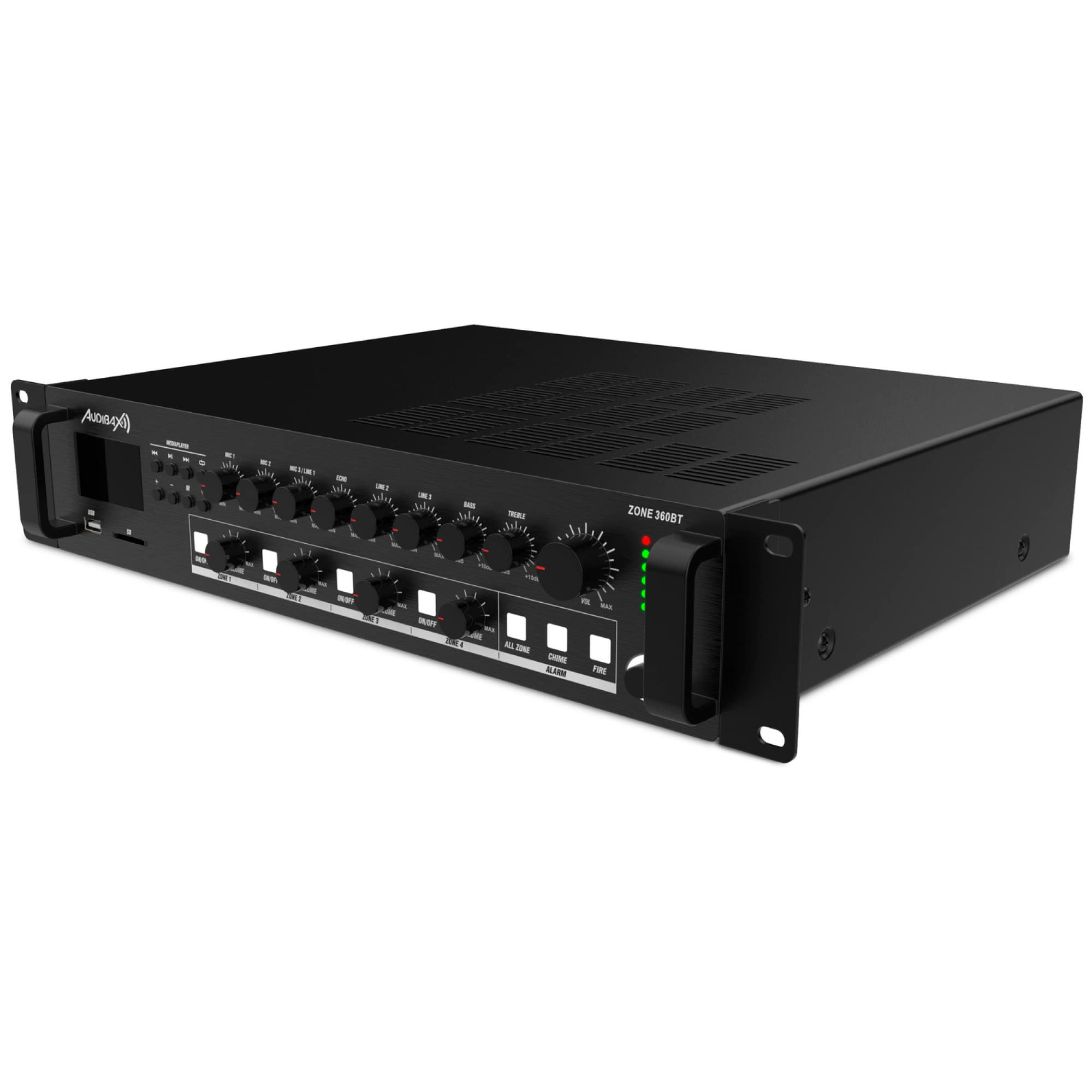 Audibax Zone 360BT - Amplificatore Audio per Più Zone - Potenza in Uscita 360W - Ingressi Cavo Multipli - Mixer Audio con Connessione Bluetooth, USB e SD - Alimentazione Phantom